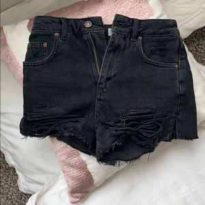 Distressed black denim shorts